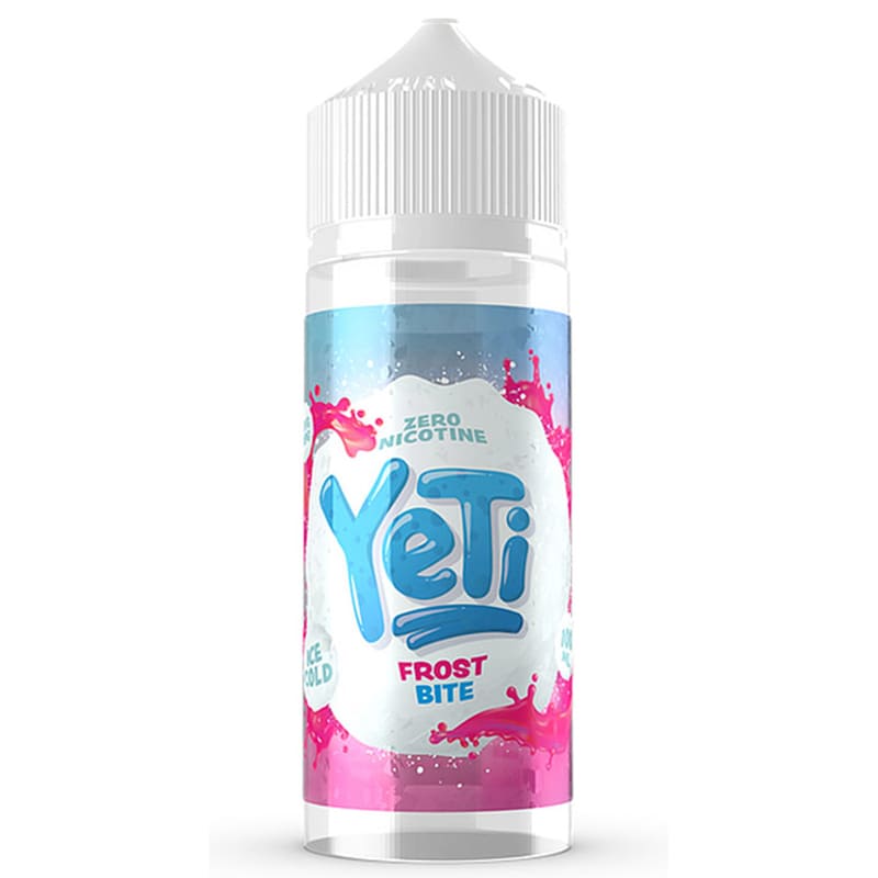 Flacon de 100ml Yeti Ice Cold Frost Bite avec étiquette bleue et rose, design de baies sauvages et bouchon blanc.