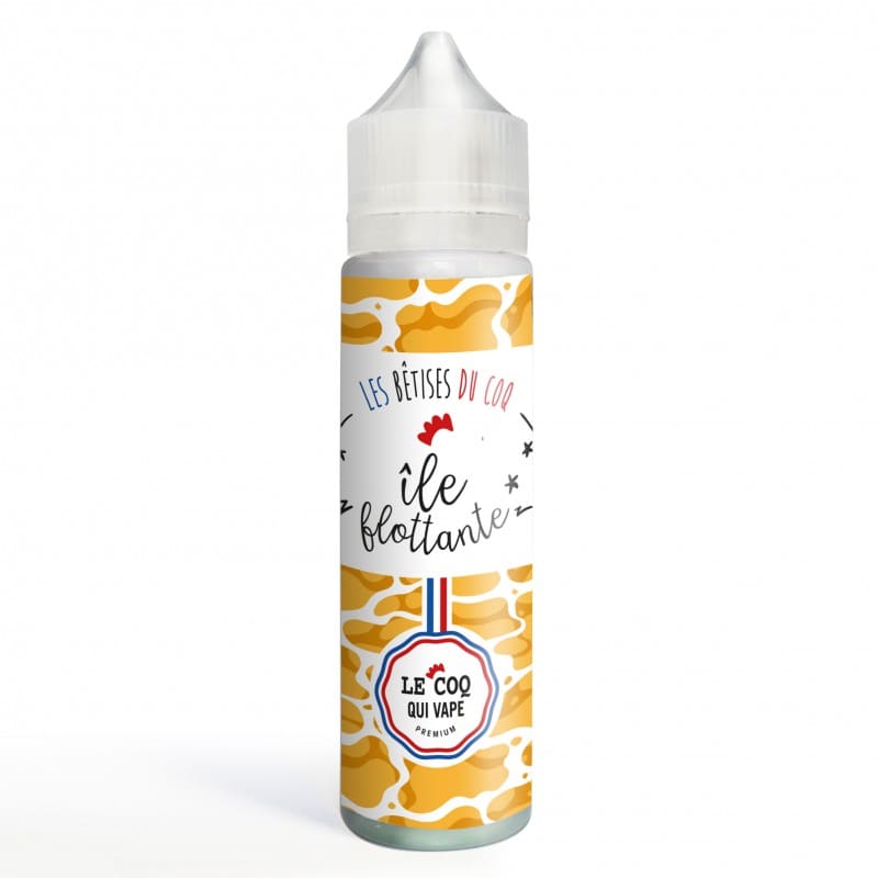 Flacon de 50ml Le Coq Qui Vape Île Flottante avec étiquette blanche et motifs caramel sur fond blanc.