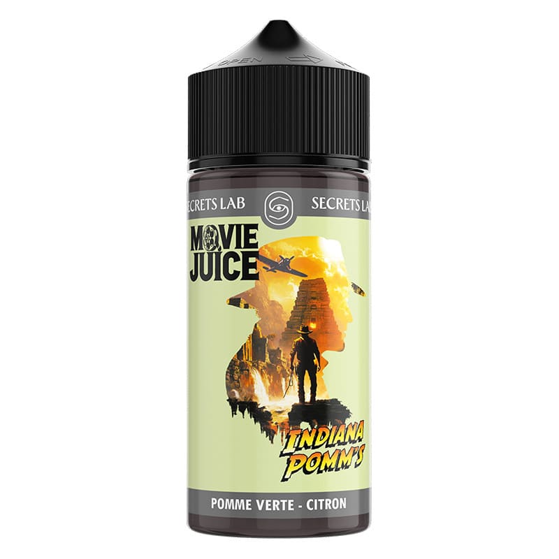 Flacon de 100ml Indiana Pomm's Secret's Lab avec étiquette illustrée style aventure et bouchon noir.