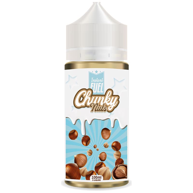Flacon de 100ml Instant Fuel Chunky Nuts avec étiquette bleue, crème blanche et noisettes torréfiées sur fond rayé.
