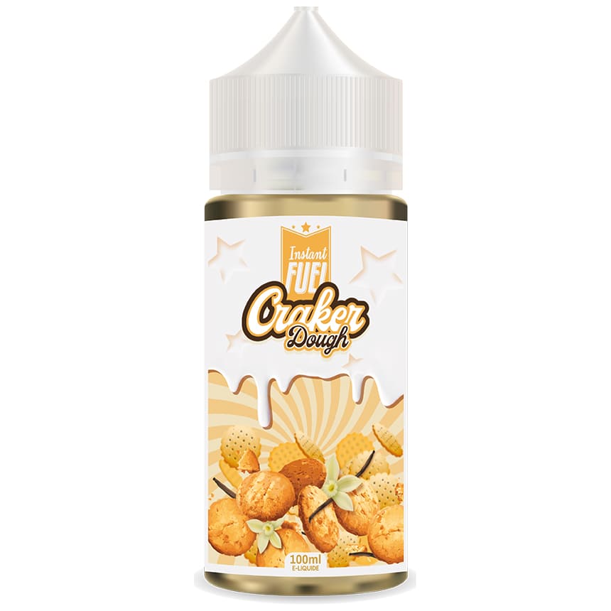 Flacon de 100ml Instant Fuel Craker Dough avec étiquette illustrée de biscuits et vanille sur fond crème.
