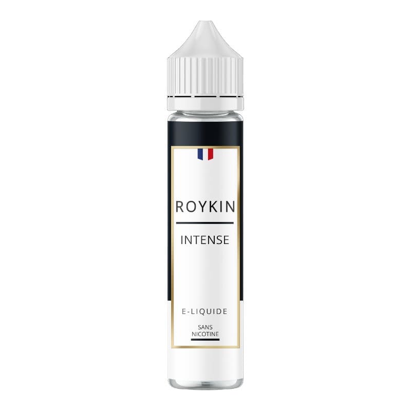 Flacon d'e-liquide Roykin Intense 50ml avec étiquette élégante noire et blanche, bouchon blanc et drapeau français.