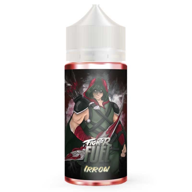 Flacon d'e-liquide Fighter Fuel Irrow avec étiquette illustrée d'un archer, bouchon blanc et liquide rosé.