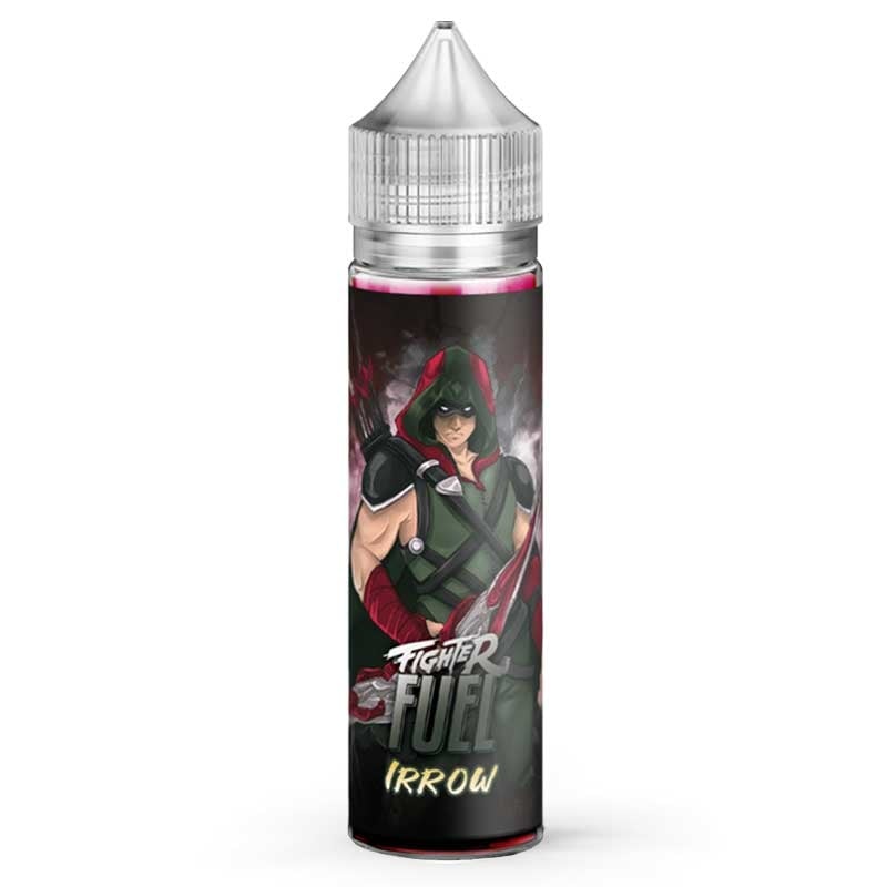 Flacon d'e-liquide Fighter Fuel Irrow avec illustration d'archer, bouchon transparent et étiquette sombre sur fond blanc.