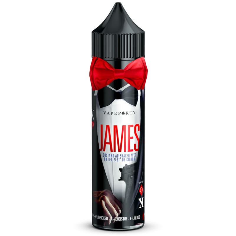 Flacon de 50ml James Vape Party par Swoke, design noir élégant avec nœud papillon rouge et motif de costume.