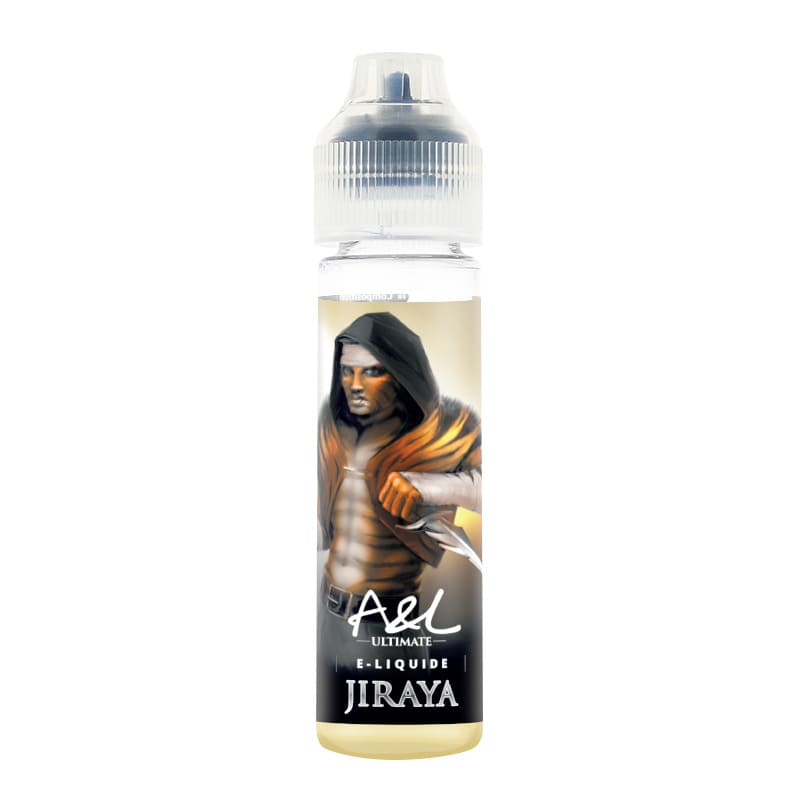 Flacon de 50ml d'e-liquide A&L Ultimate Jiraya avec étiquette illustrée d'un personnage en capuche sur fond doré.