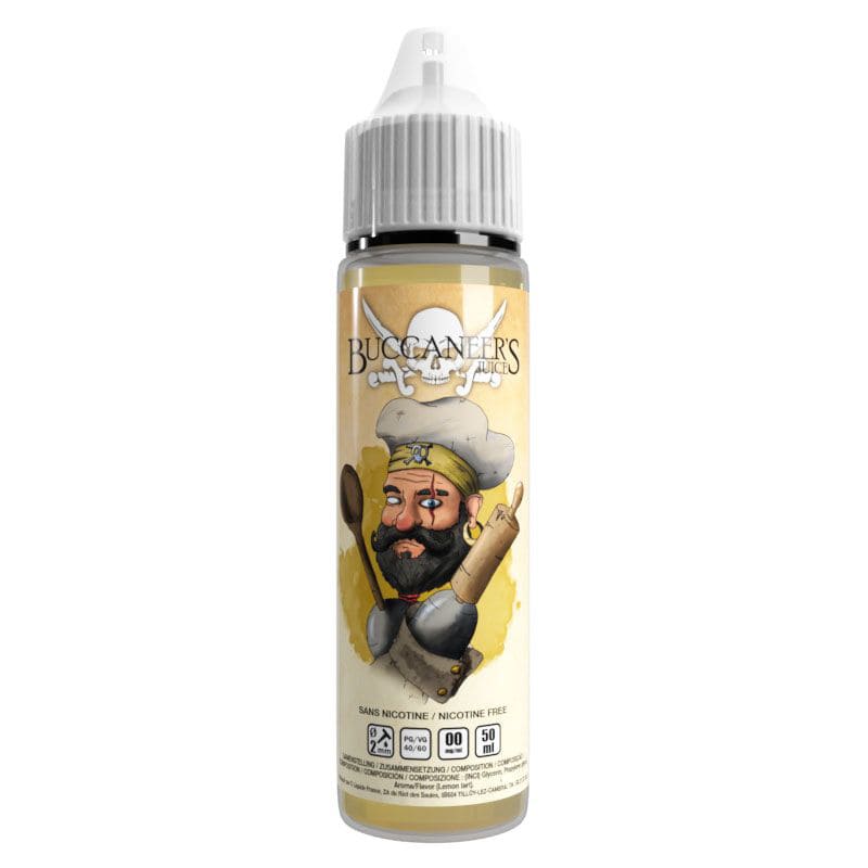 Flacon de 50ml d'e-liquide John Cook Buccaneer's Juice avec étiquette illustrée d'un pirate cuisinier sur fond jaune.