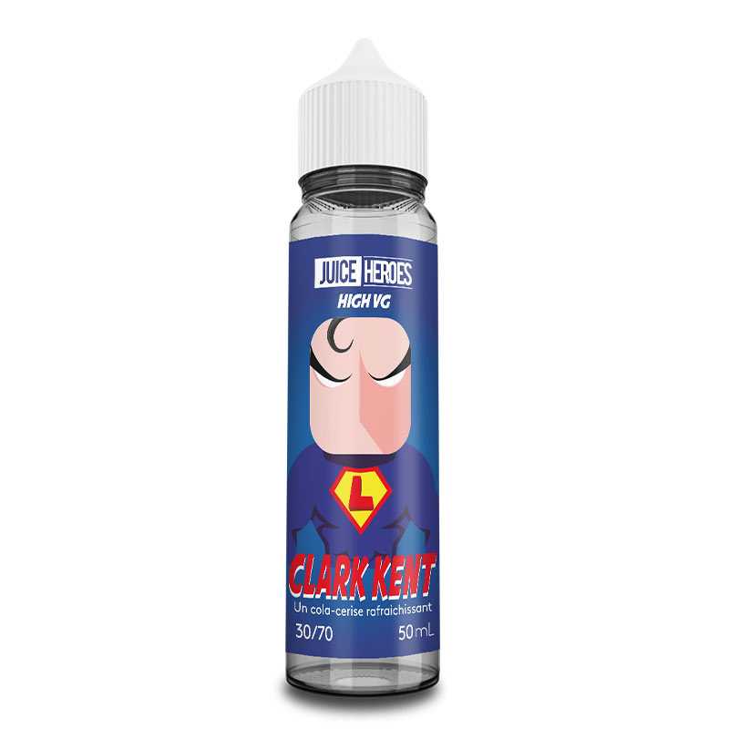 Flacon de 50ml d'e-liquide Liquideo Clark Kent avec étiquette bleue illustrée d'un super-héros et bouchon blanc.