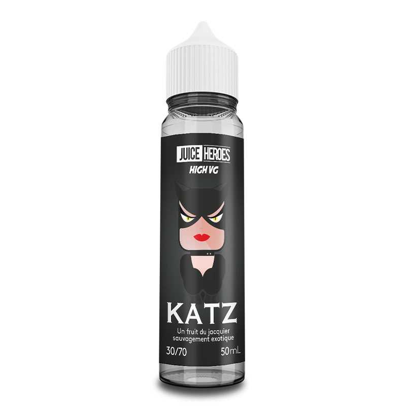 Flacon d'e-liquide Juice Heroes Katz 50ml avec étiquette noire illustrée d'un chat et bouchon blanc.
