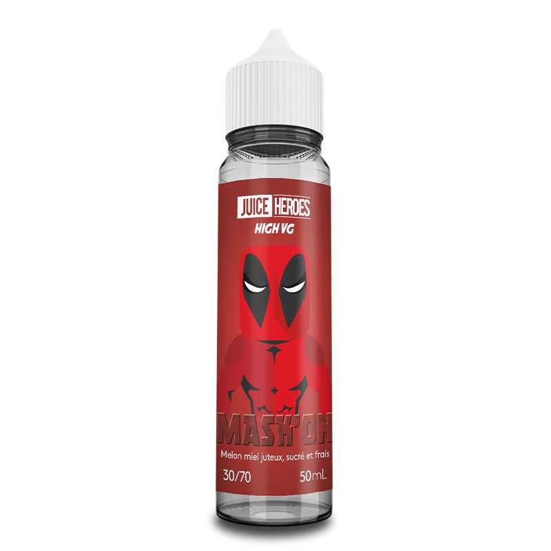 Flacon d'e-liquide Juice Heroes Mask'on 50ml avec étiquette rouge illustrée d'un super-héros et bouchon blanc.