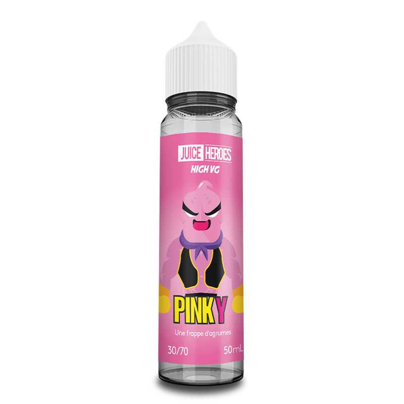 Flacon d'e-liquide Juice Heroes Pinky 50ml avec étiquette rose illustrée d'un personnage et bouchon blanc.