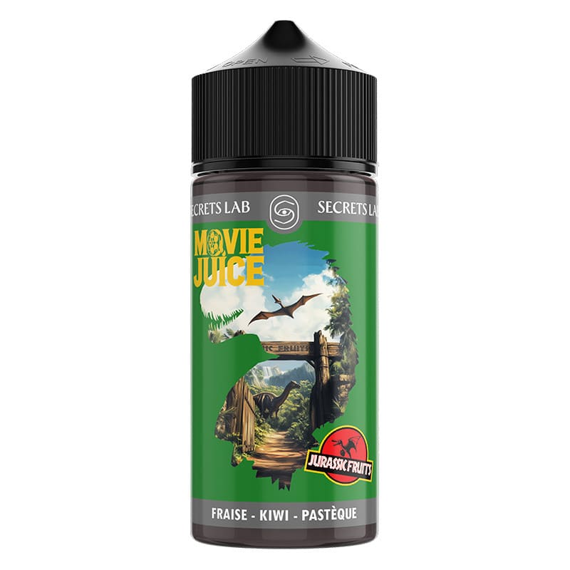 Flacon de 100ml Jurassic Fruits Secret's Lab avec étiquette verte illustrée de dinosaures et bouchon noir à sécurité enfant.