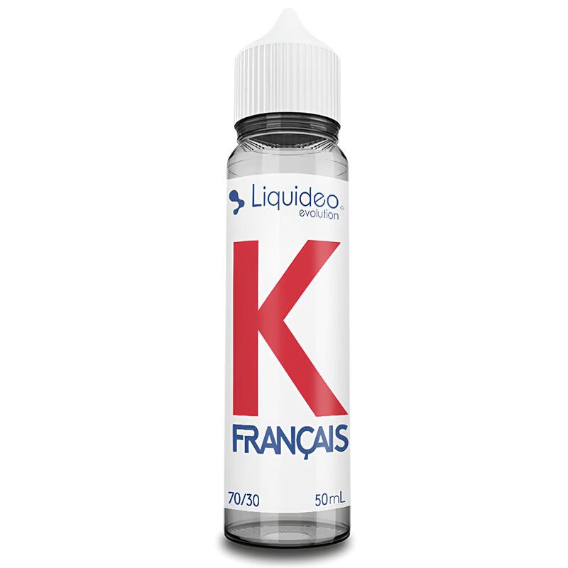 Flacon d'e-liquide Liquideo K Français 50ml avec bouchon blanc, étiquette blanche, grande lettre K rouge et ratio 70/30 PG/VG.