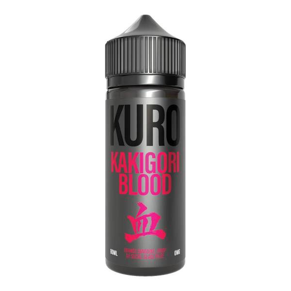 Flacon de 80ml d'e-liquide Kuro Kakigori Blood, design noir mat avec typographie et symbole japonais en rose vif.