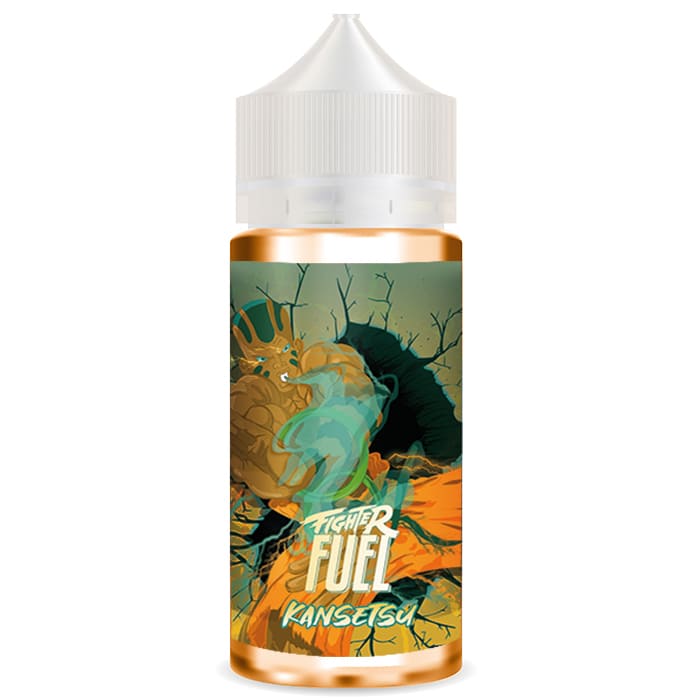 Flacon de e-liquide Fighter Fuel Kansetsu avec illustration de combattant manga sur fond orange et vert, bouchon blanc.
