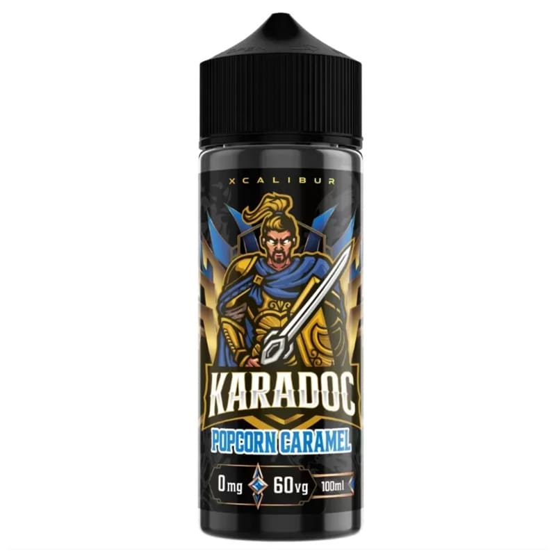 Flacon d'e-liquide Karadoc 100ml Xcalibur avec étiquette illustrée d'un guerrier, saveur pop-corn caramel, bouchon noir.