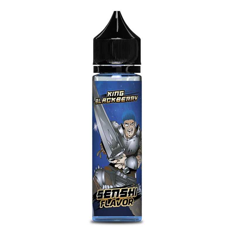 Flacon d'e-liquide 50ml King Blackberry Senshi Flavor avec étiquette illustrée d'un guerrier manga et bouchon noir.