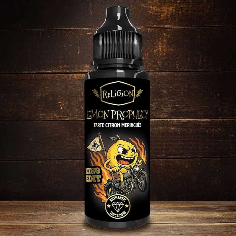 Flacon noir de 100ml Religion Juice Lemon Prophecy avec illustration de citron motard sur fond de bois sombre.