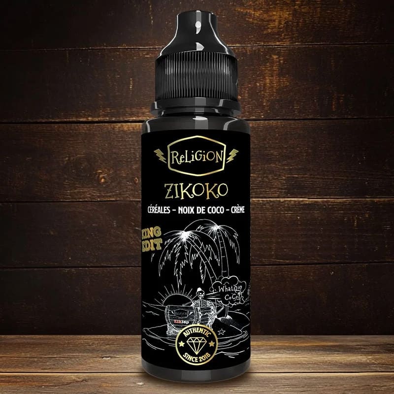 Flacon d'e-liquide Religion Juice Zikoko 100ml avec étiquette noire, illustrations dorées de cocotiers et bouchon noir.