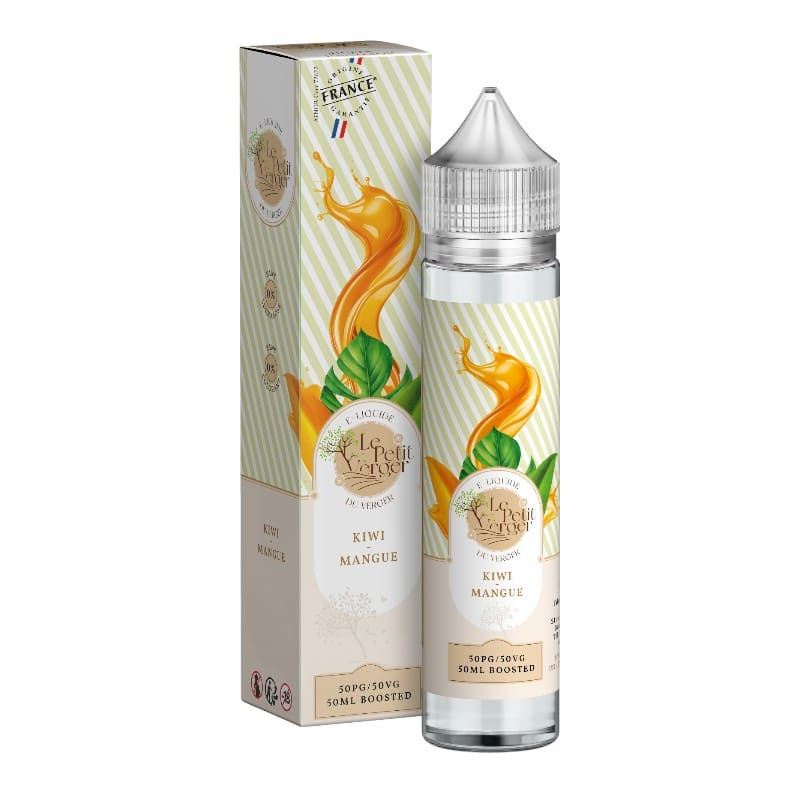 Flacon de 50ml et boîte Le Petit Verger Kiwi Mangue Savourea avec illustration de fruits et éclaboussures orange.