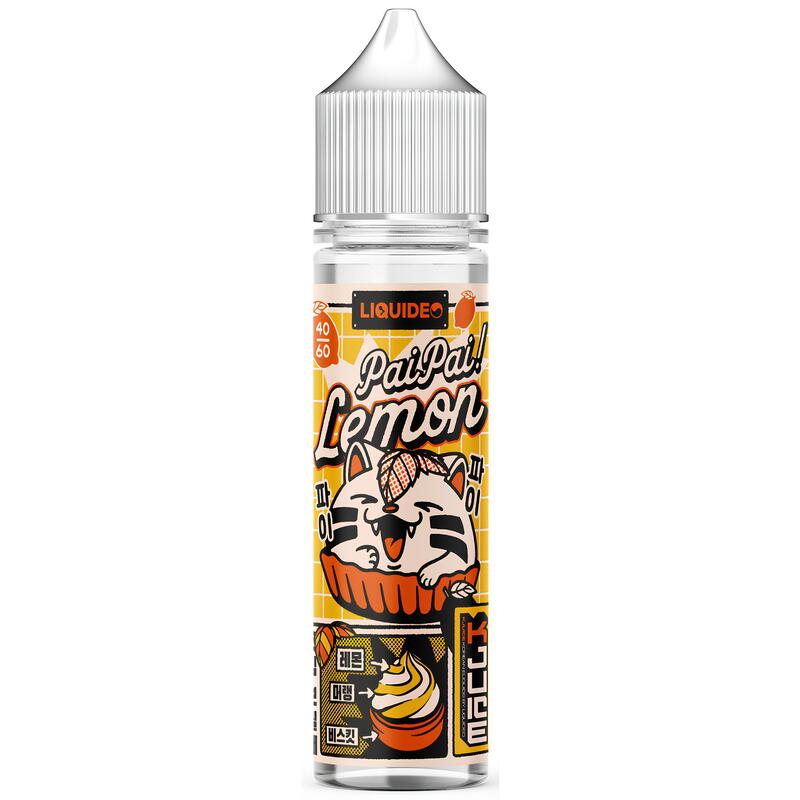 Flacon de 50ml Liquideo Pai Pai Lemon avec étiquette jaune illustrée d'un chat et d'une tarte au citron.