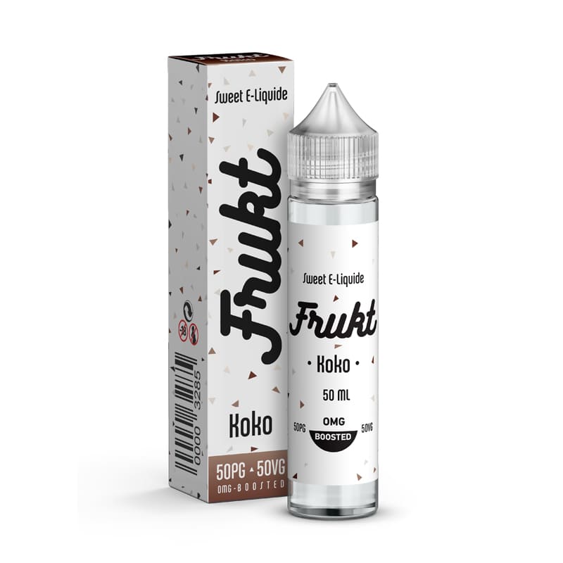 Flacon de 50ml d'e-liquide Frukt Koko par Savourea avec étiquette blanche à motifs géométriques et bouchon transparent.