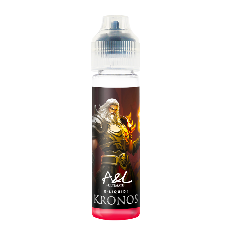 Flacon de 50ml A&L Ultimate Kronos avec étiquette illustrée d'un titan mythologique sur fond rouge et bouchon transparent.