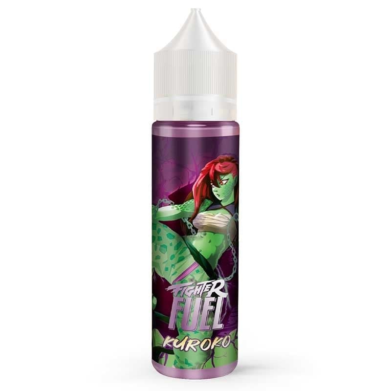 Flacon d'e-liquide Fighter Fuel Kuroko avec illustration manga, bouchon blanc et étiquette violette aux motifs fruités.