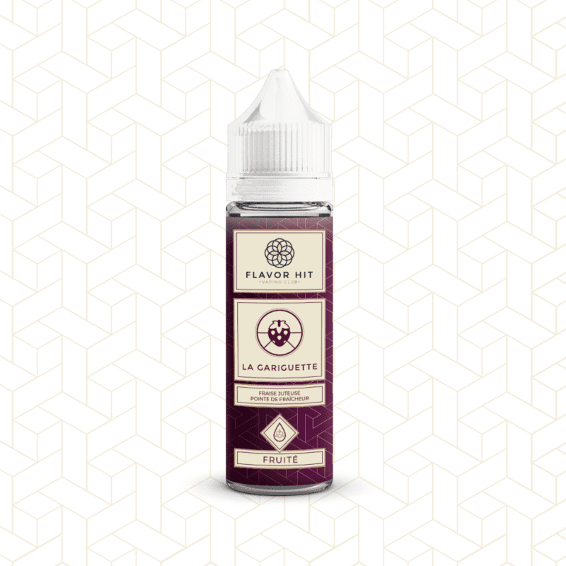 Flacon de 50ml d'e-liquide La Gariguette Flavor Hit avec étiquette bordeaux et logo fraise sur fond géométrique.