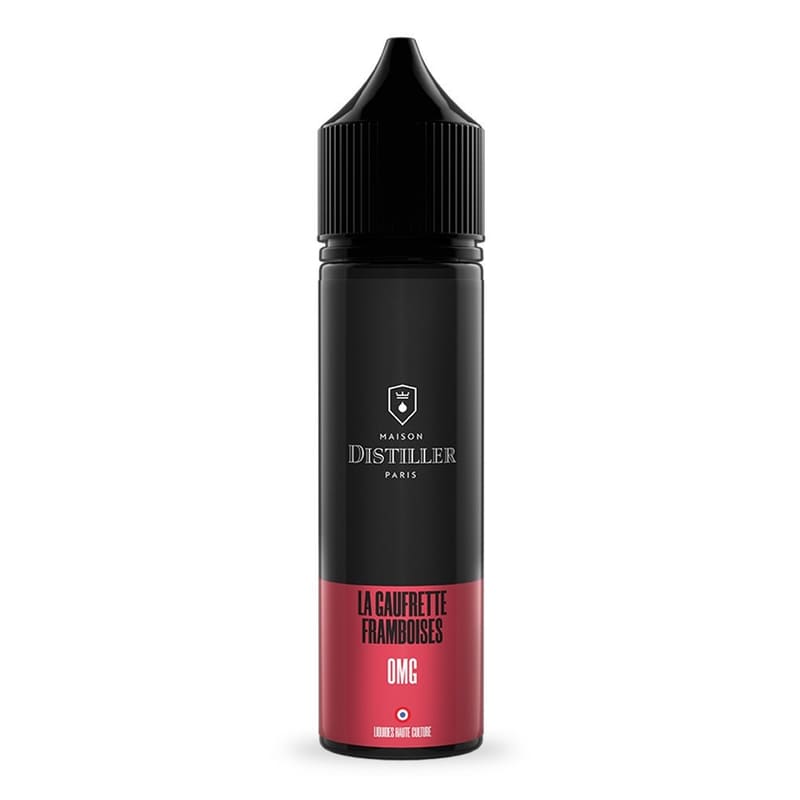 Flacon de 50ml d'e-liquide La Gaufrette Framboises Maison Distiller, design noir et rouge élégant avec bouchon noir.