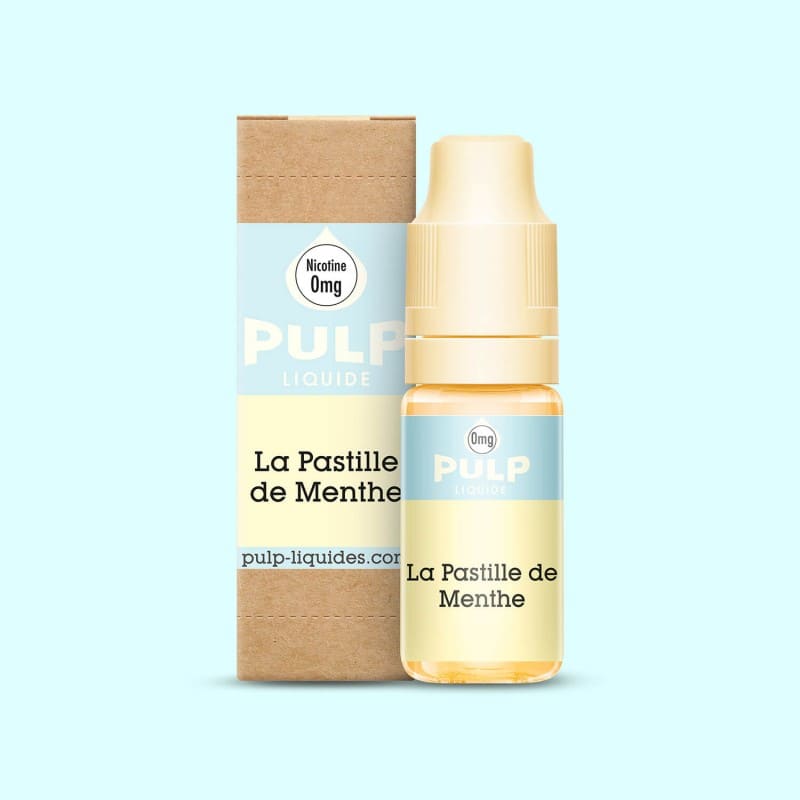 Flacon d'e-liquide PULP La Pastille de Menthe 10ml avec son étui en carton kraft et son bouchon crème.