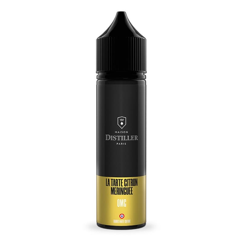 Flacon de 50ml d'e-liquide Maison Distiller Tarte Citron Meringuée, design noir et doré élégant avec bouchon noir.