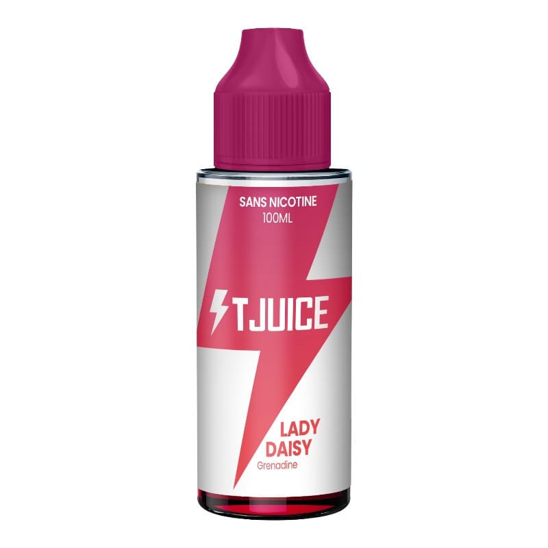 Flacon d'e-liquide T-Juice Lady Daisy 100ml avec bouchon rose et étiquette blanche ornée d'un éclair rouge vif.