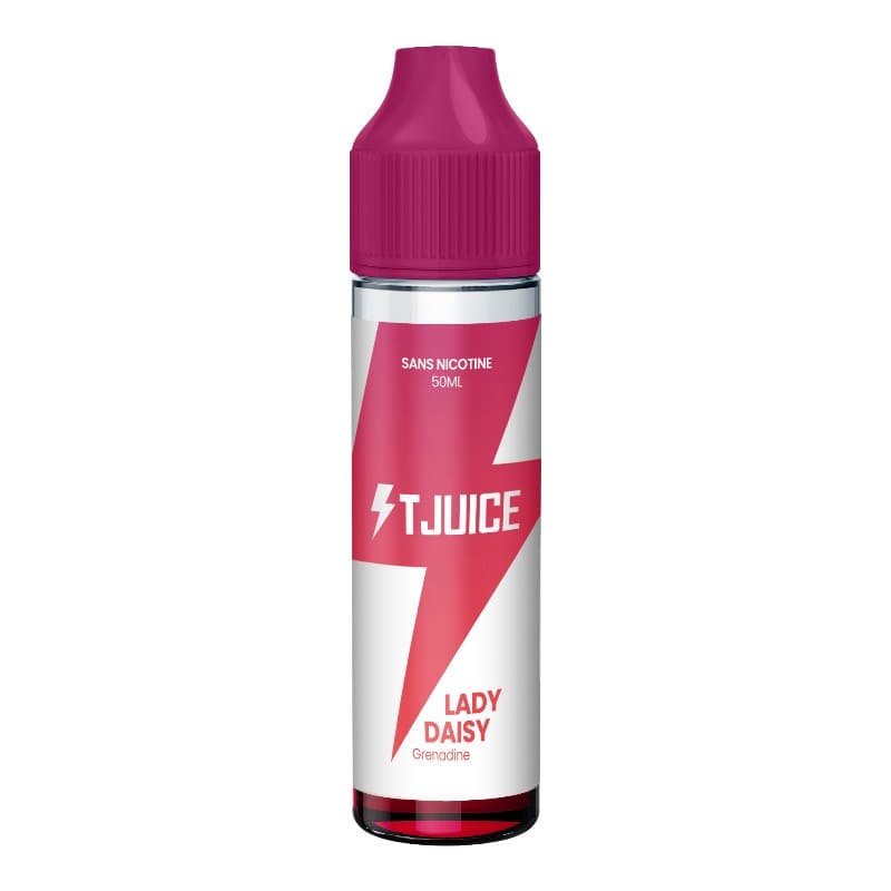Flacon d'e-liquide T-Juice Lady Daisy 50ml avec bouchon rose, étiquette blanche et éclair rouge vif.