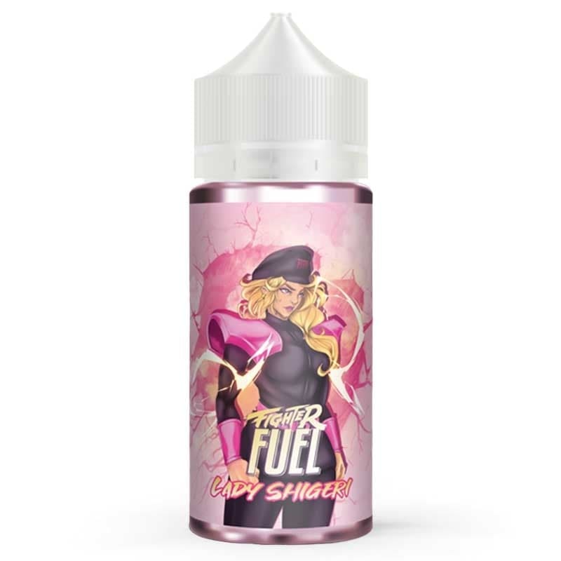 Flacon d'e-liquide Fighter Fuel Lady Shigeri avec étiquette rose illustrée d'un personnage féminin style manga.