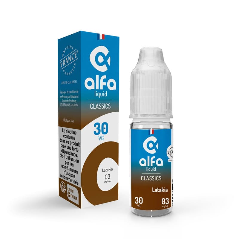Flacon d'e-liquide Alfaliquid Latakia 10ml avec son emballage cartonné bleu et brun, 3mg de nicotine, 70/30 PG/VG.