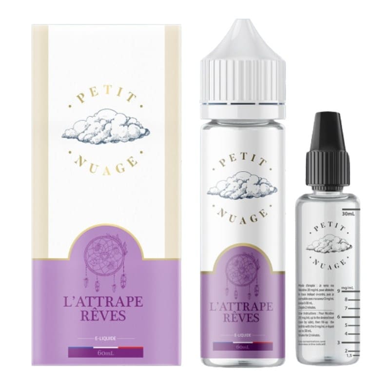 Flacon d'e-liquide Petit Nuage L'Attrape Rêves 50ml avec boîte et flacon gradué de 30ml, design blanc et violet.