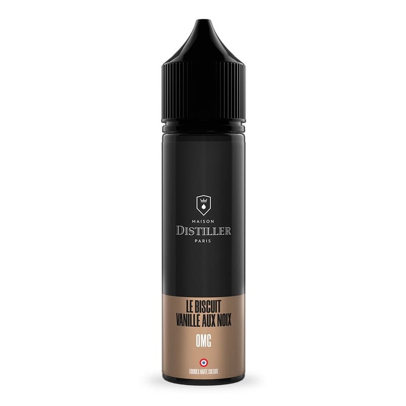 Flacon d'e-liquide 50ml Maison Distiller, étiquette noire et beige avec logo et nom Le Biscuit Vanillé aux Noix.