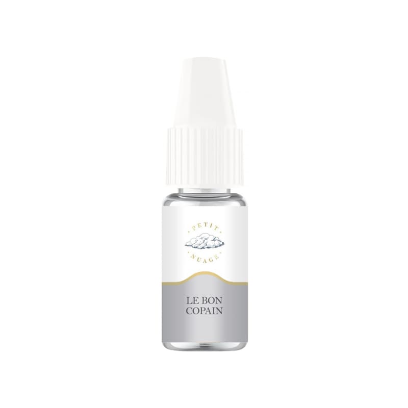 Flacon d'e-liquide Petit Nuage Le Bon Copain 10ml avec étiquette grise et blanche, bouchon blanc et embout compte-gouttes.