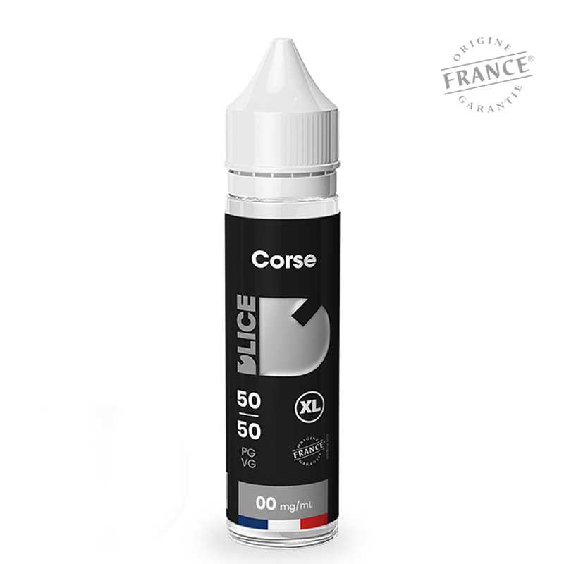 Flacon d'e-liquide D'LICE XL Le Corse 50ml avec étiquette noire, logo blanc et mention Origine France Garantie.