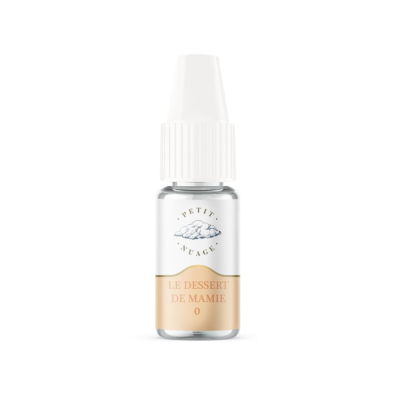 Flacon d'e-liquide Petit Nuage 10ml, étiquette beige et blanche avec logo nuage, bouchon blanc, design épuré.