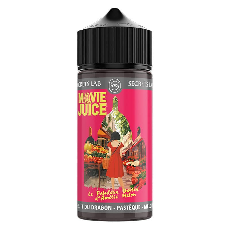 Flacon 100ml Movie Juice Le Fabuleux Destin d'Amélie Melon avec étiquette rose illustrée et bouchon noir.