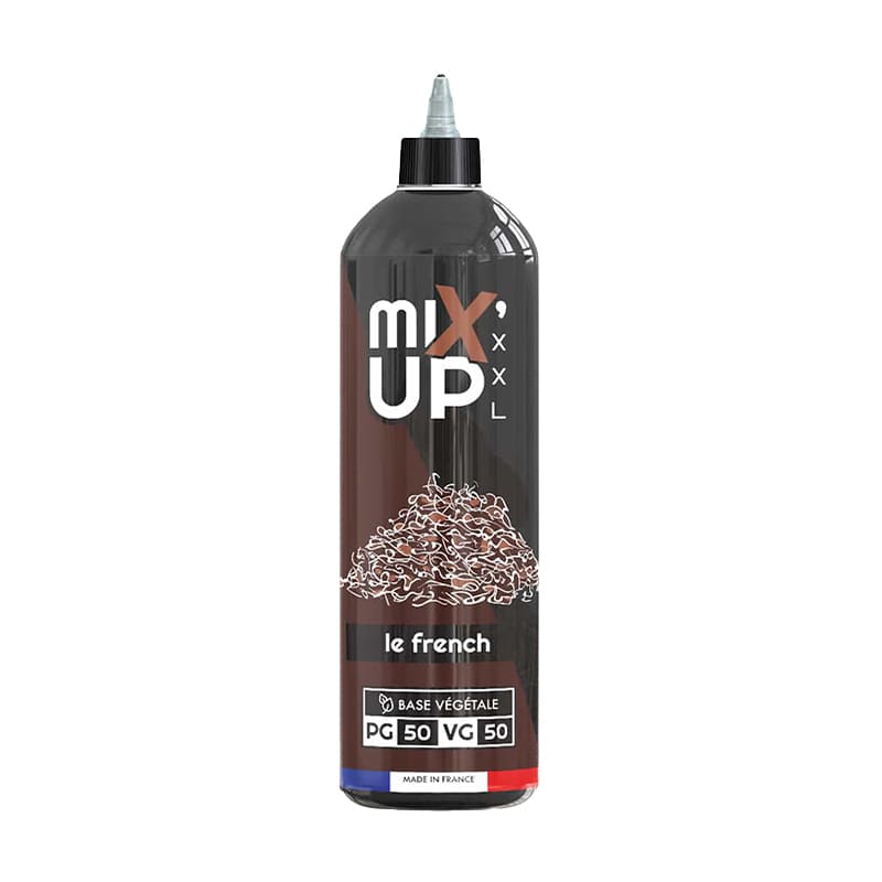 Flacon d'e-liquide Mix'Up XXL Le French de 1 litre avec étiquette noire, illustration de tabac et ratio 50/50 PGV/VG.