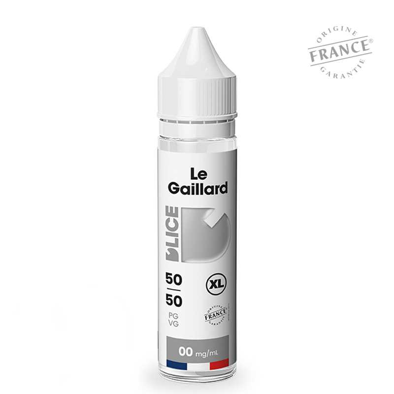 Flacon d'e-liquide D'LICE XL Le Gaillard 50ml, étiquette blanche et grise avec logo Origine France Garantie, bouchon blanc.