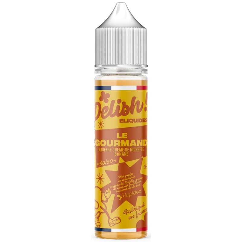 Flacon de 50ml d'e-liquide Le Gourmand Liquideo avec étiquette jaune et rouge illustrant une gaufre à la banane et noisette.