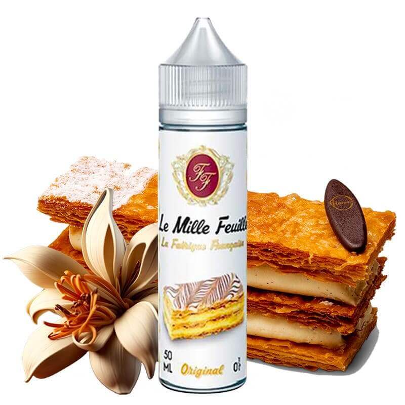 Flacon de 50ml d'e-liquide Le Mille Feuille La Fabrique Française entouré de pâtisseries et d'une fleur de vanille.