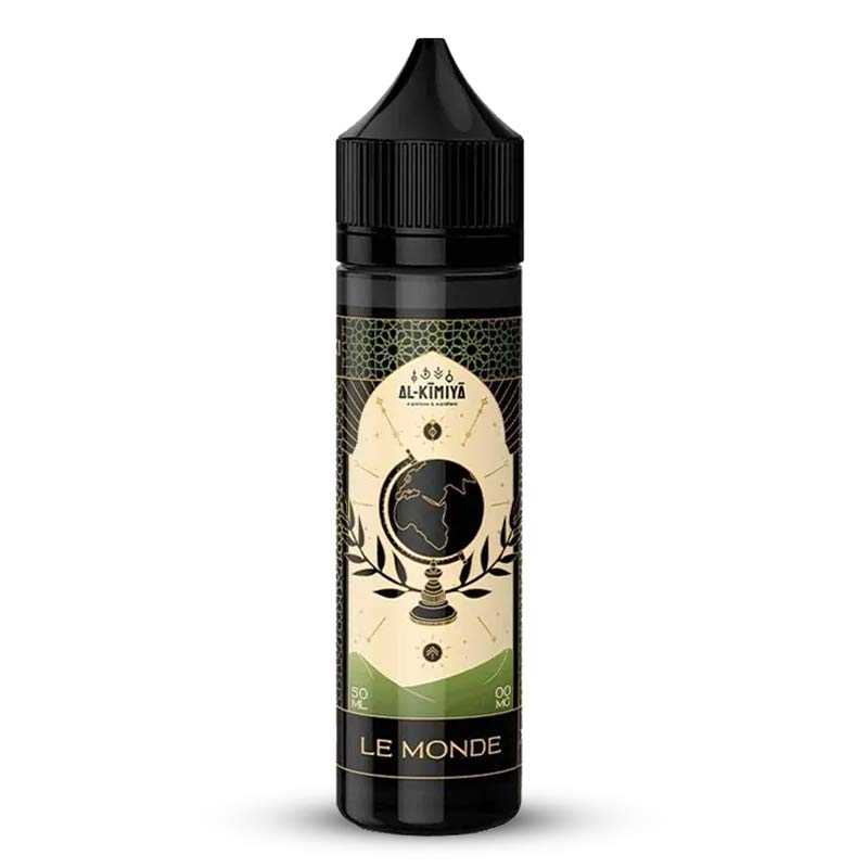 Flacon de 50ml Al-Kimiya Le Monde avec étiquette noire et dorée ornée d'un globe terrestre et motifs orientaux.