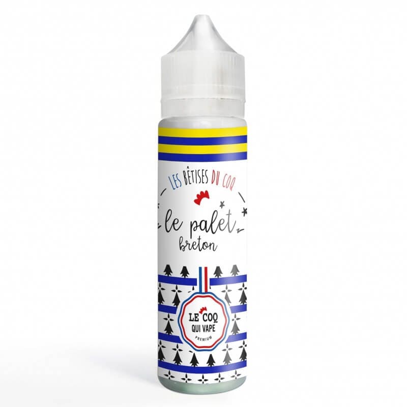 Flacon de 50ml Le Palet Breton Le Coq Qui Vape avec étiquette blanche, motifs hermines bleues et bouchon transparent.