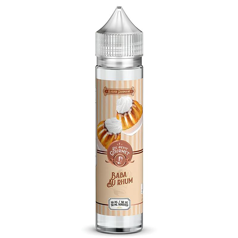 Flacon de 50ml d'e-liquide Le Petit Gourmet Baba au Rhum Savourea avec étiquette illustrée de pâtisseries.