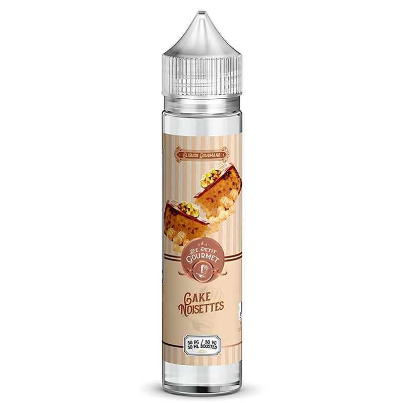 Flacon de 50ml Le Petit Gourmet Cake Noisettes par Savourea avec étiquette beige illustrée de gâteaux et noisettes.
